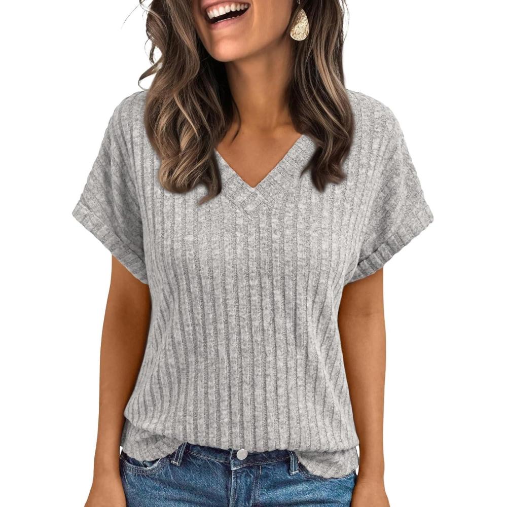 imageAUTOMET Women Tops Summer Sweaters Short Sleeve V Neck Shirts 2025 Spring Fashion Dressy Casual Business Tunic BlousesLightgrey
