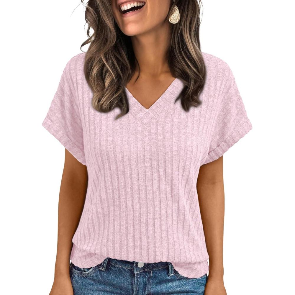 imageAUTOMET Women Tops Summer Sweaters Short Sleeve V Neck Shirts 2025 Spring Fashion Dressy Casual Business Tunic BlousesPink