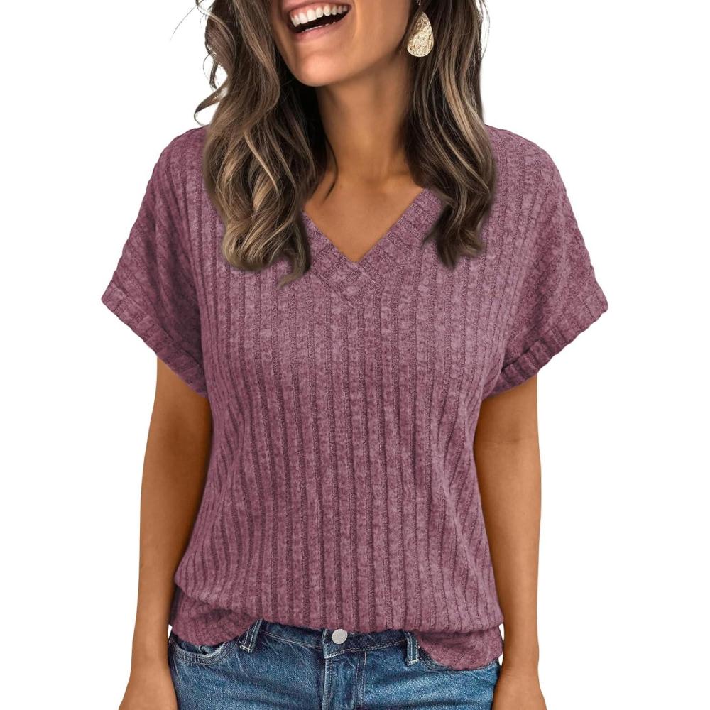 imageAUTOMET Women Tops Summer Sweaters Short Sleeve V Neck Shirts 2025 Spring Fashion Dressy Casual Business Tunic BlousesPurple Red