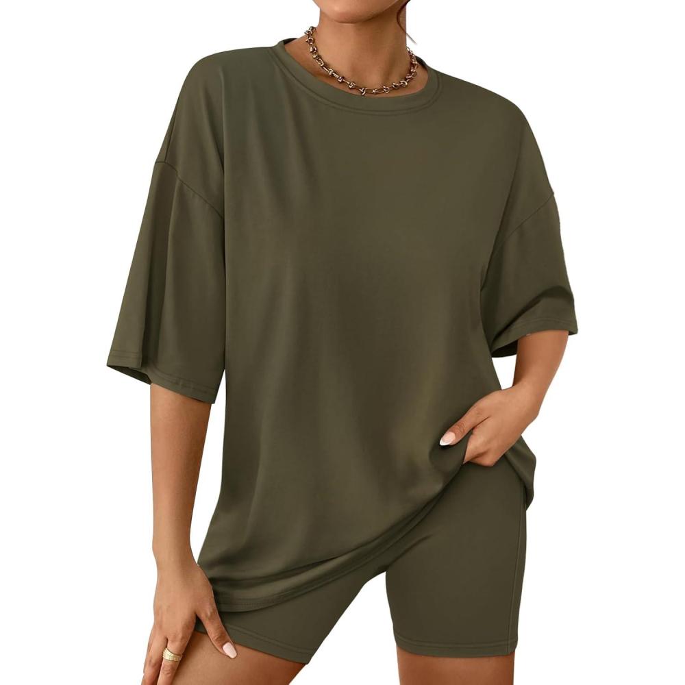 imageAUTOMET Womens 2 Piece Sets Summer Outfits 2025 Two Piece Lounge Set Matching Clothing Oversized Tshirts Biker Short FashionArmygreen
