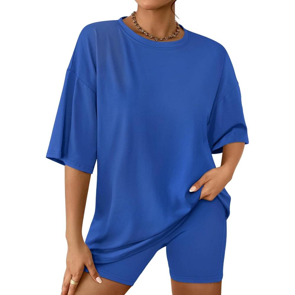 imageAUTOMET Womens 2 Piece Sets Summer Outfits 2025 Two Piece Lounge Set Matching Clothing Oversized Tshirts Biker Short FashionBlue