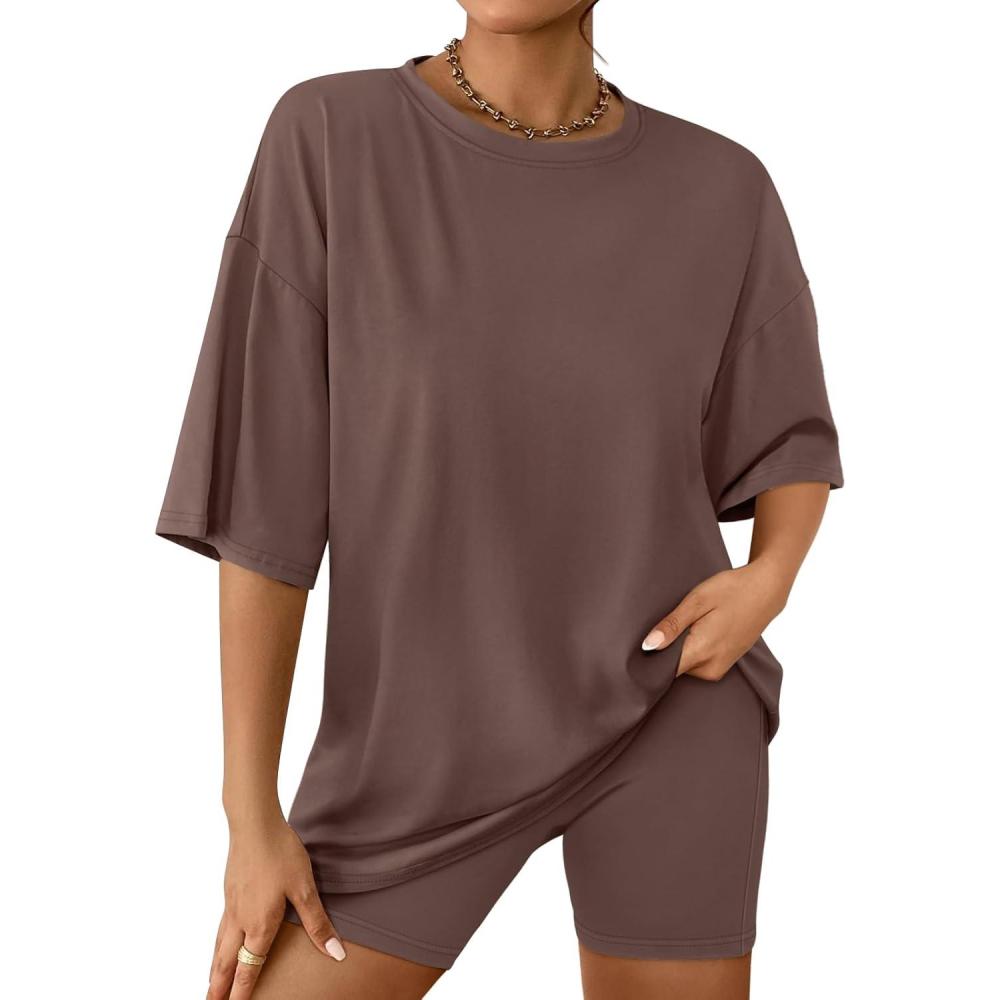 imageAUTOMET Womens 2 Piece Sets Summer Outfits 2025 Two Piece Lounge Set Matching Clothing Oversized Tshirts Biker Short FashionBrown