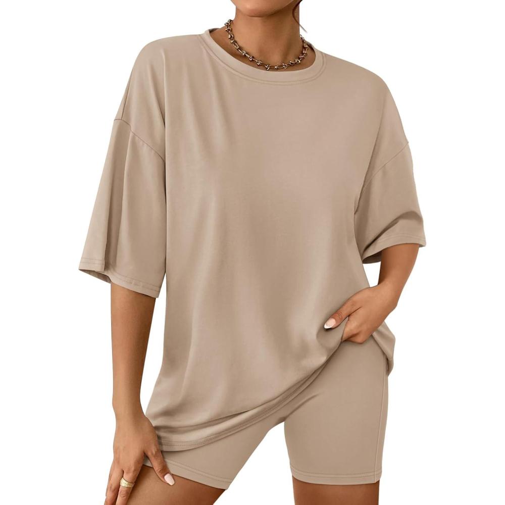 imageAUTOMET Womens 2 Piece Sets Summer Outfits 2025 Two Piece Lounge Set Matching Clothing Oversized Tshirts Biker Short FashionKhaki