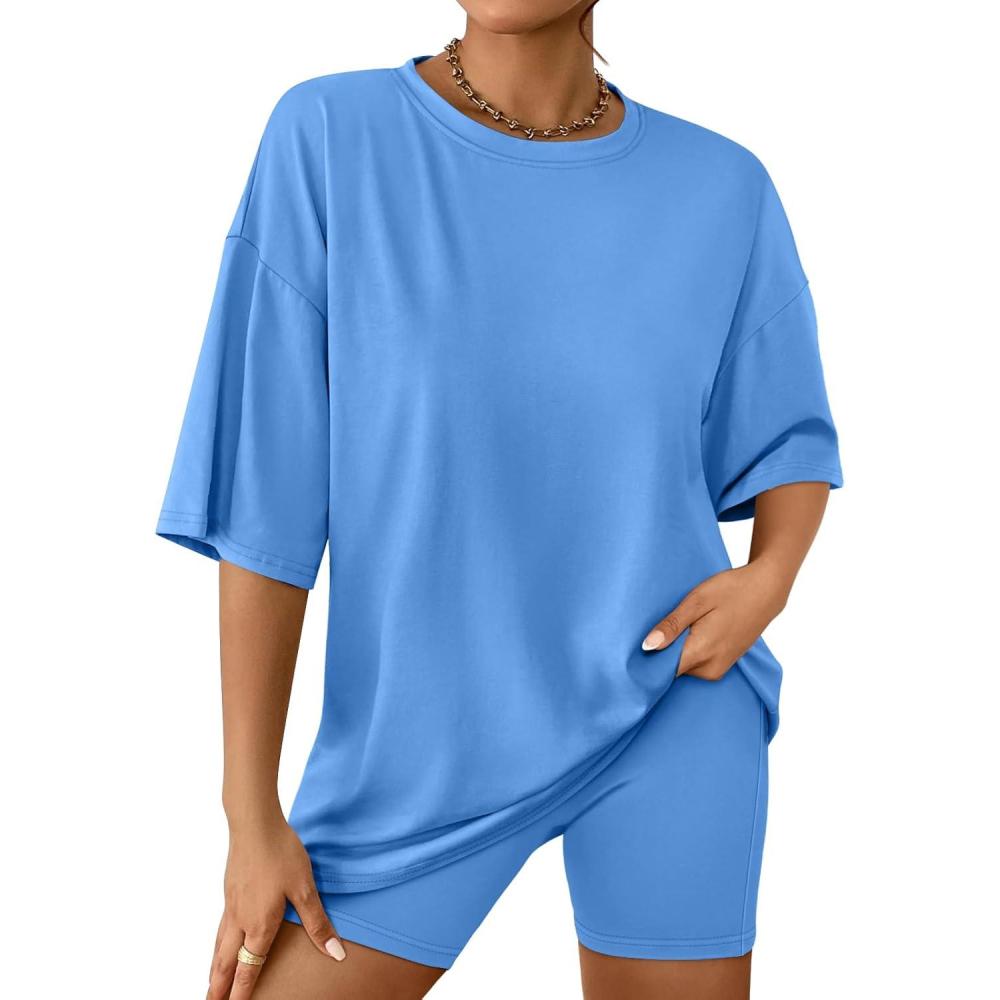 imageAUTOMET Womens 2 Piece Sets Summer Outfits 2025 Two Piece Lounge Set Matching Clothing Oversized Tshirts Biker Short FashionLightblue