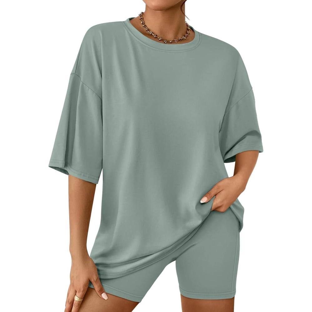 imageAUTOMET Womens 2 Piece Sets Summer Outfits 2025 Two Piece Lounge Set Matching Clothing Oversized Tshirts Biker Short FashionLightgreen