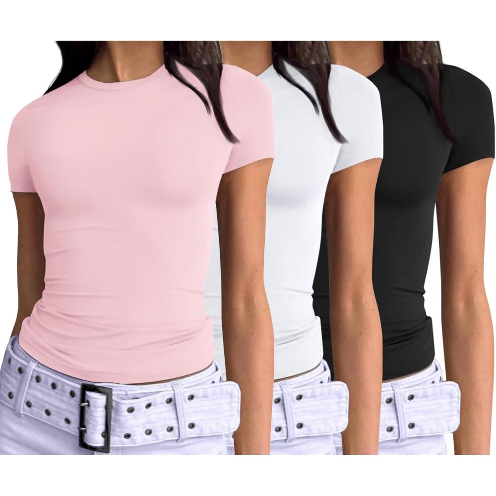 imageAUTOMET Womens 3 Piece Short Sleeve Shirts Basic Going Out Slim Fitted Crop Tops 2025 Summer Y2k ClothesBlack white pink