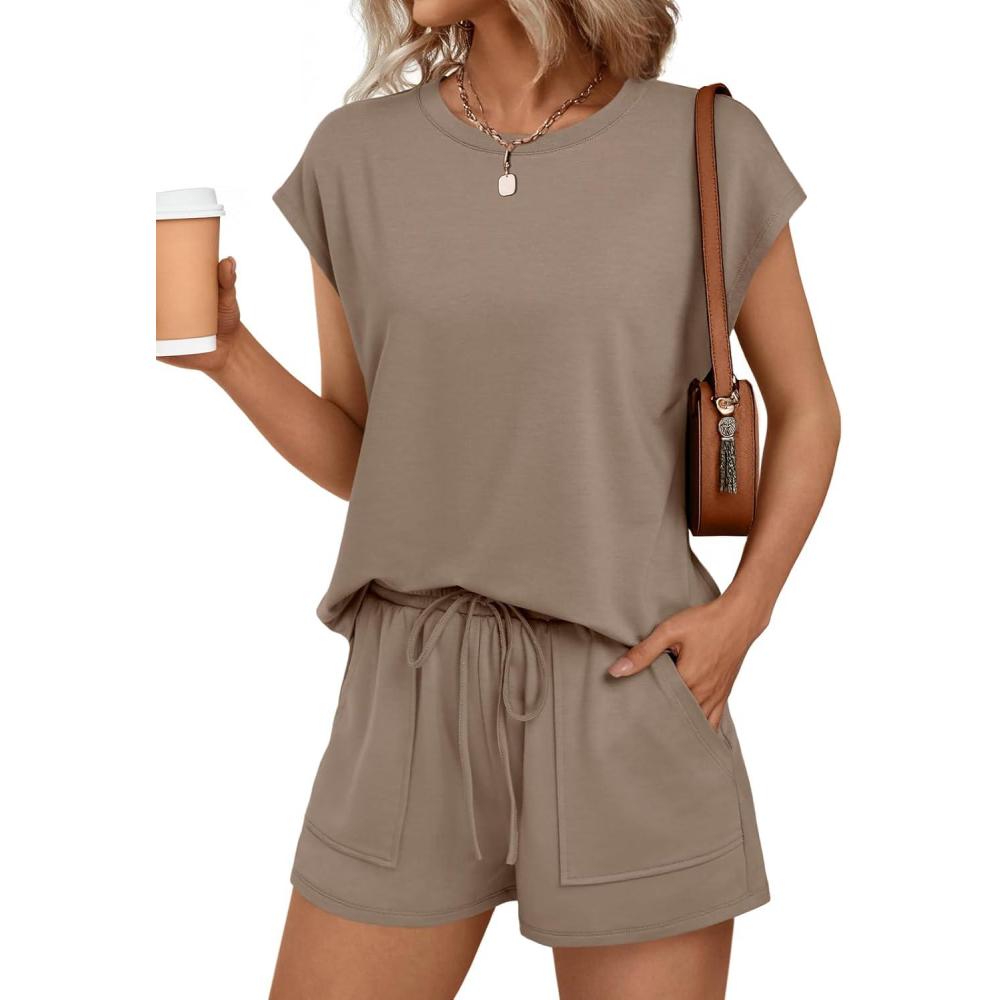 imageAUTOMET Womens Crew Neck Two Piece short Sets Cap Sleeve Drawstring Summer Sweatsuit with PocketDark Khaki