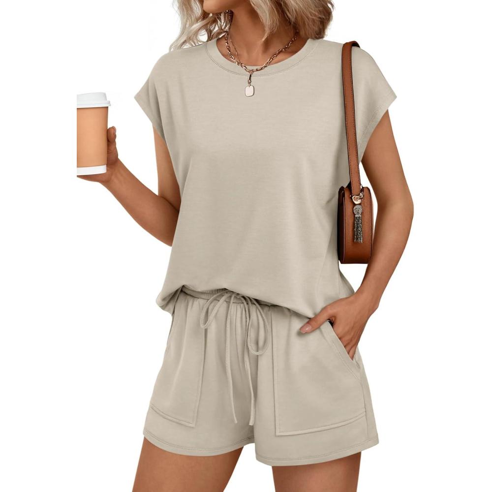 imageAUTOMET Womens Crew Neck Two Piece short Sets Cap Sleeve Drawstring Summer Sweatsuit with PocketKhaki