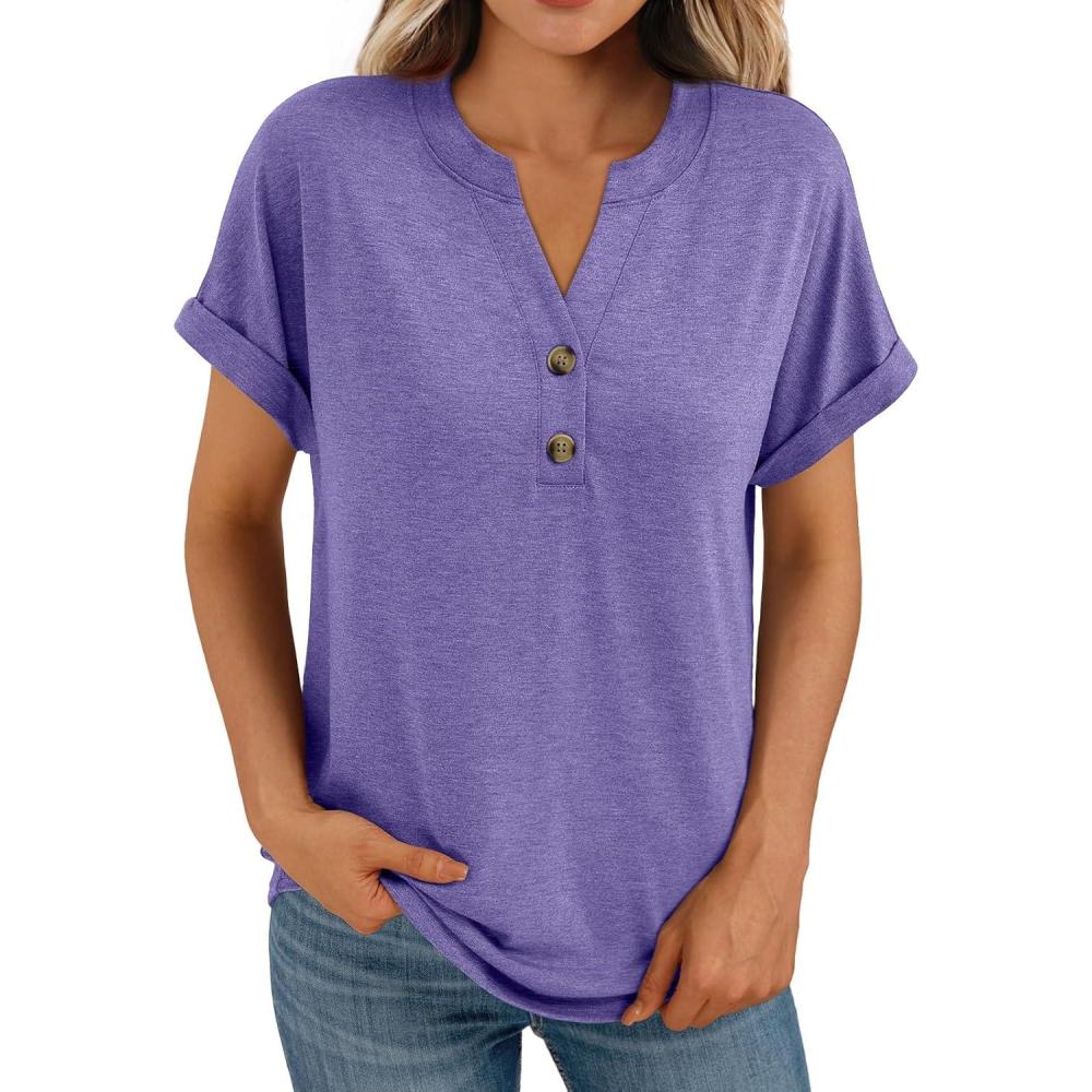 imageAUTOMET Womens Short Sleeve Shirts Henley Dressy Casual Summer Tops 2025 Trendy Blouses Cute TShirts Outfits ClothesPurple