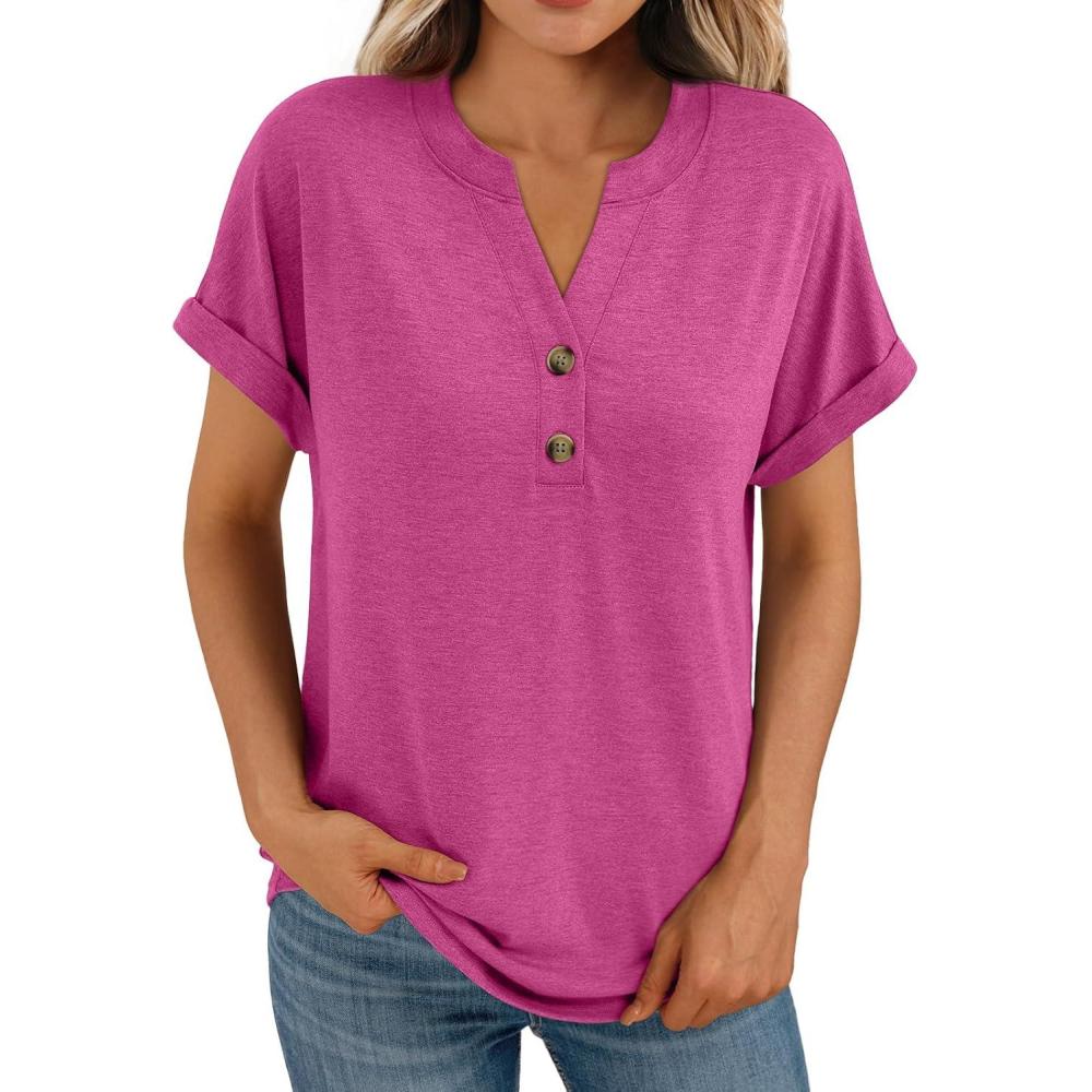 imageAUTOMET Womens Short Sleeve Shirts Henley Dressy Casual Summer Tops 2025 Trendy Blouses Cute TShirts Outfits ClothesRose