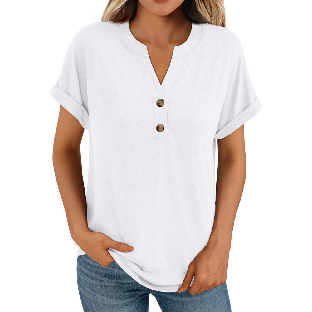 imageAUTOMET Womens Short Sleeve Shirts Henley Dressy Casual Summer Tops 2025 Trendy Blouses Cute TShirts Outfits ClothesWhite