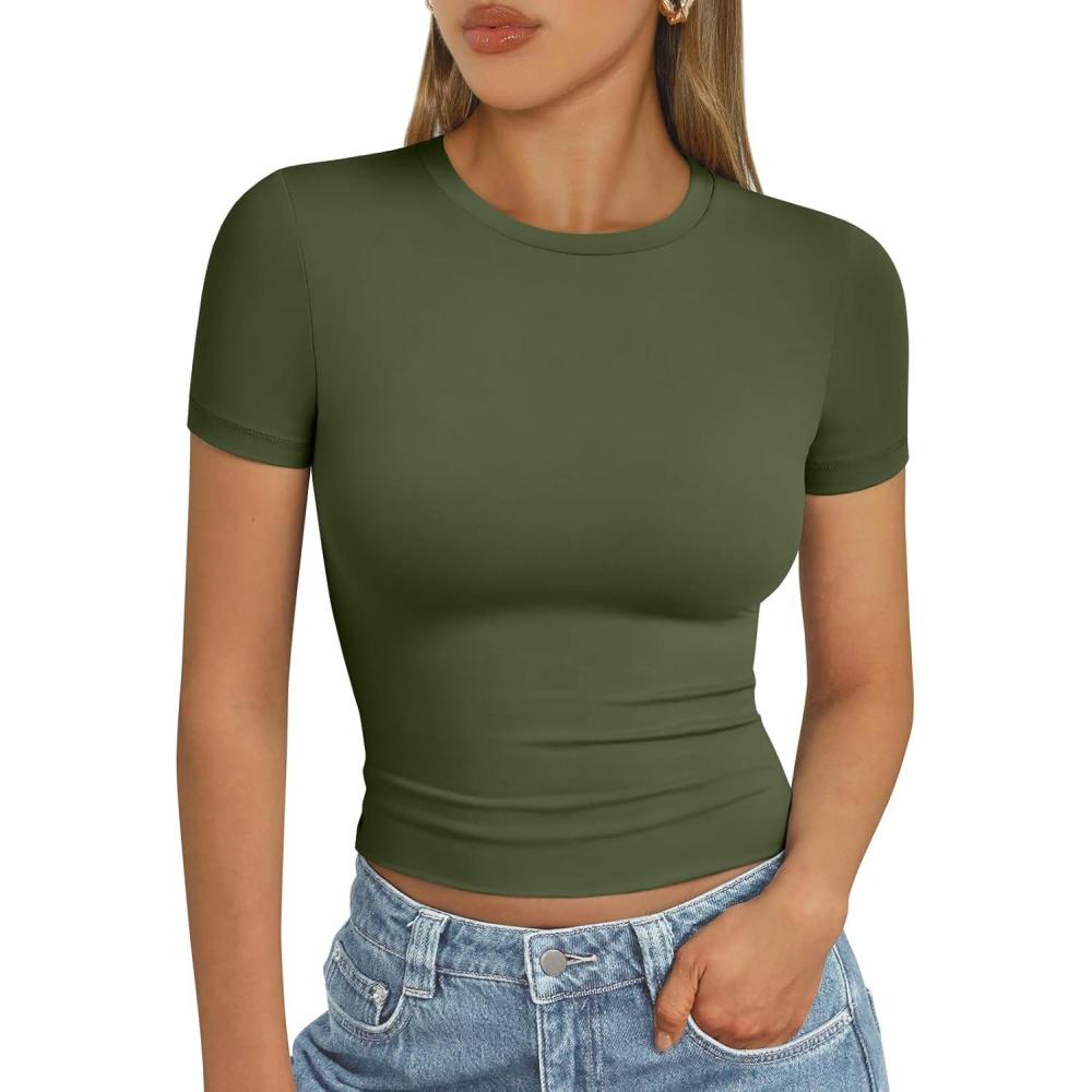 imageAUTOMET Womens Short Sleeve T Shirts Basic Summer 2025 Workout Tops Crew Neck Gym Crop Tops Trendy Y2K ClothesArmygreen