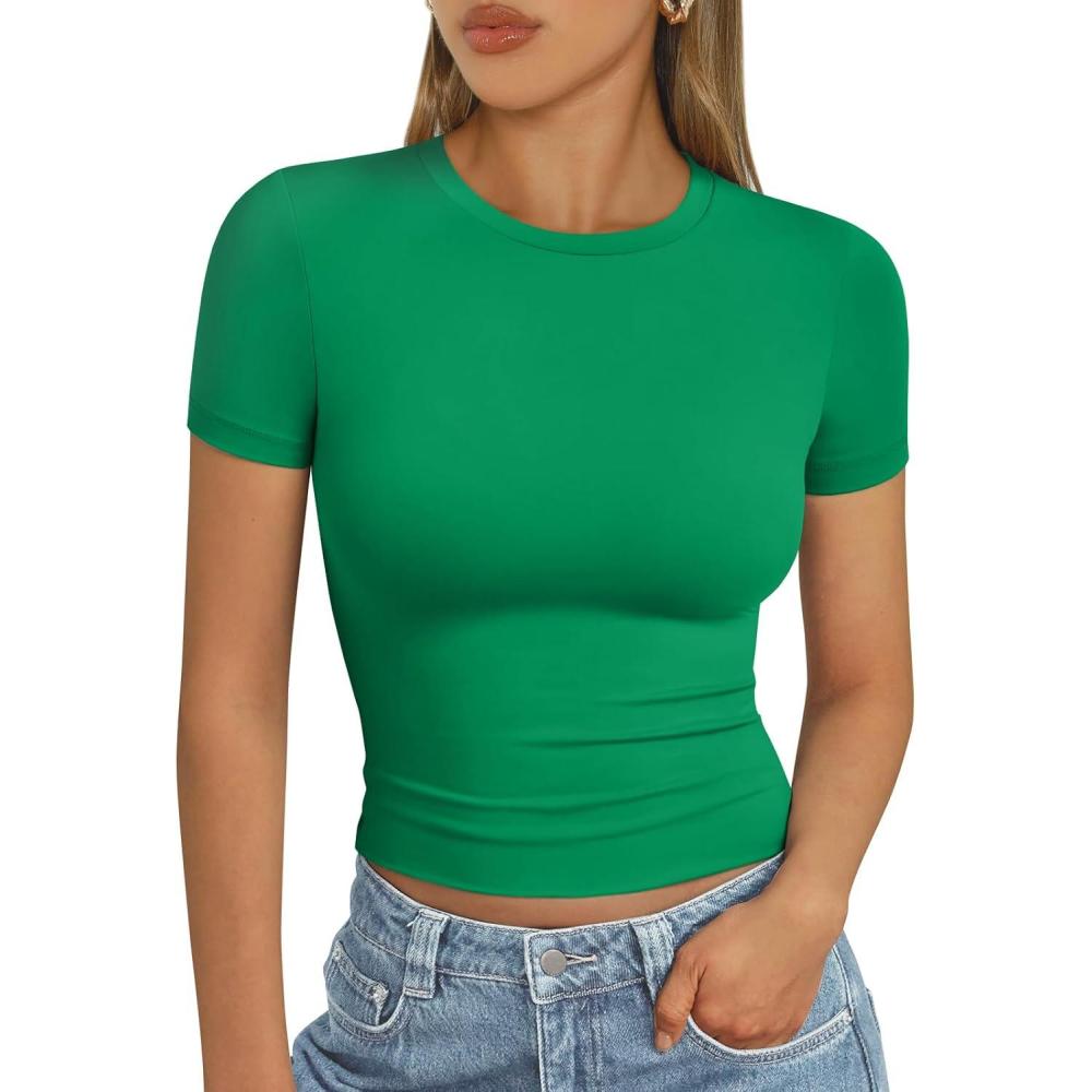 imageAUTOMET Womens Short Sleeve T Shirts Basic Summer 2025 Workout Tops Crew Neck Gym Crop Tops Trendy Y2K ClothesGreen