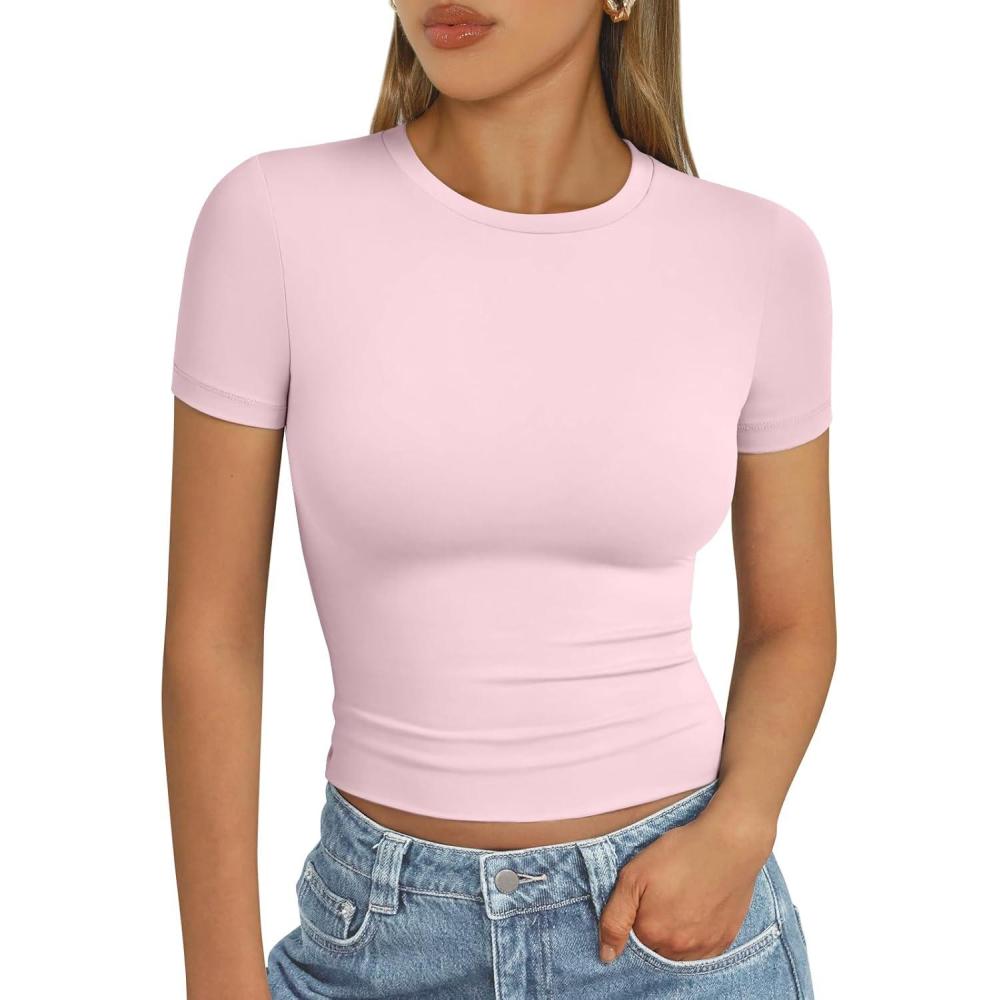 imageAUTOMET Womens Short Sleeve T Shirts Basic Summer 2025 Workout Tops Crew Neck Gym Crop Tops Trendy Y2K ClothesLight Pink