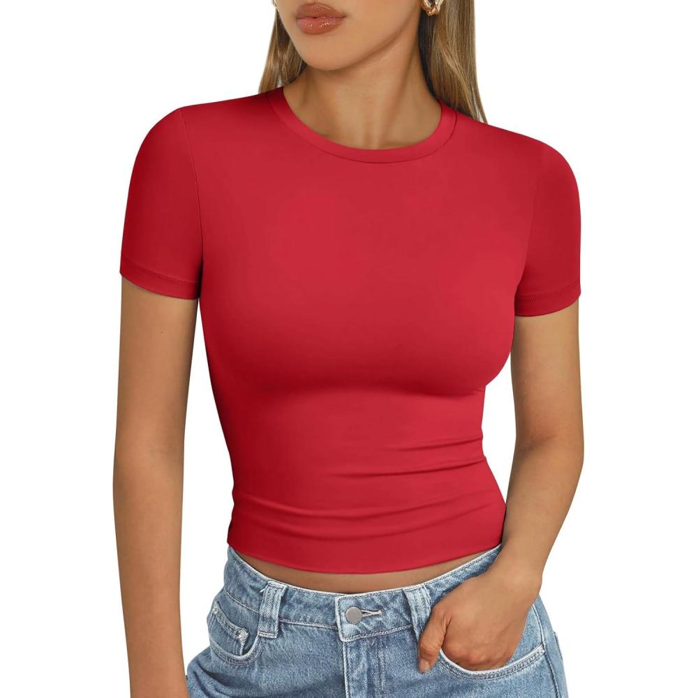 imageAUTOMET Womens Short Sleeve T Shirts Basic Summer 2025 Workout Tops Crew Neck Gym Crop Tops Trendy Y2K ClothesRed