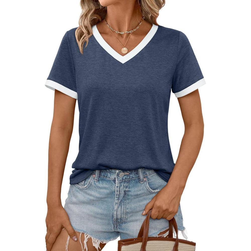 imageAUTOMET Womens Short Sleeve TShirts Summer Tops Casual Soft Tunic V Neck Basic Workout Clothes Spring Fashion Outfits 2025Navy