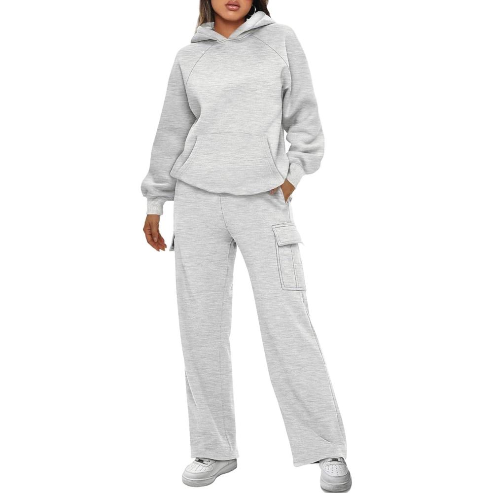 imageAUTOMET Womens Sweatsuits 2 Piece Outfits Fall Sweat Sets Lounge Hoodies and Cargo Pants Wide Leg with PocketsGrey