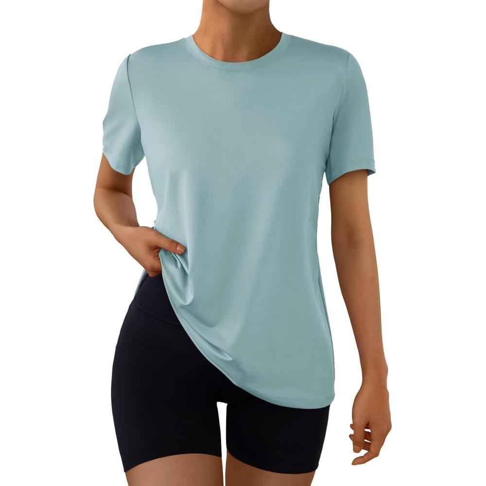 imageAUTOMET Womens Workout Tops Short Sleeve Gym Shirts Summer Athletic Yoga Tshirts Loose Fit Casual Clothes 2025Lakeblue