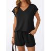 imageAUTOMET 2 Piece V Neck Cap Sleeve Shirt and Shorts Set Womens Matching Summer Lounge SetsBlack