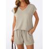imageAUTOMET 2 Piece V Neck Cap Sleeve Shirt and Shorts Set Womens Matching Summer Lounge SetsKhaki