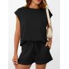 imageAUTOMET Womens Crew Neck Two Piece short Sets Cap Sleeve Drawstring Summer Sweatsuit with PocketBlack