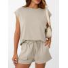 imageAUTOMET Womens Crew Neck Two Piece short Sets Cap Sleeve Drawstring Summer Sweatsuit with PocketKhaki