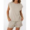 imageAUTOMET Womens Crew Neck Two Piece short Sets Cap Sleeve Drawstring Summer Sweatsuit with PocketKhaki
