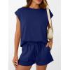 imageAUTOMET Womens Crew Neck Two Piece short Sets Cap Sleeve Drawstring Summer Sweatsuit with PocketNavy Blue