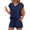 imageAUTOMET 2 Piece V Neck Cap Sleeve Shirt and Shorts Set Womens Matching Summer Lounge SetsNavy