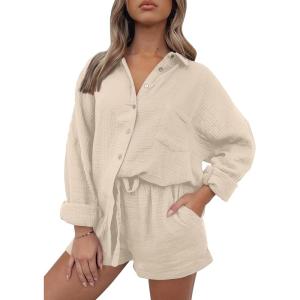 imageAUTOMET 2 Piece Sets For Women Lounge Wear Matching Two Piece Pajama Fashion Oversized Shirts And Shorts Spring Outfit 202501beige