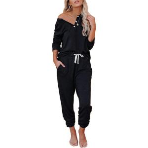 imageAUTOMET Lounge Sets for Women Comfy 2 Piece Pajamas Sets Fall Loungewear Pjs Outfits Sweatsuits with Sweatpants 2025Black