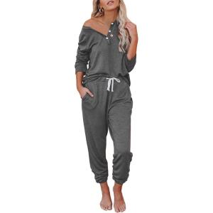 imageAUTOMET Lounge Sets for Women Comfy 2 Piece Pajamas Sets Fall Loungewear Pjs Outfits Sweatsuits with Sweatpants 2025Black Grey