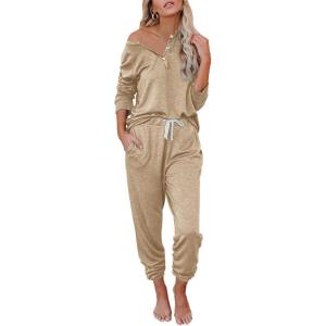 imageAUTOMET Lounge Sets for Women Comfy 2 Piece Pajamas Sets Fall Loungewear Pjs Outfits Sweatsuits with Sweatpants 2025Light Khaki