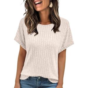 imageAUTOMET Women Textured Shirts Fall Sweaters Loose Fit Short Sleeve Tunic Tops 2025 Dressy Casual Business BlousesApricot