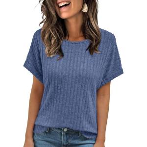 imageAUTOMET Women Textured Shirts Fall Sweaters Loose Fit Short Sleeve Tunic Tops 2025 Dressy Casual Business BlousesBlue