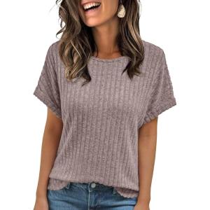 imageAUTOMET Women Textured Shirts Fall Sweaters Loose Fit Short Sleeve Tunic Tops 2025 Dressy Casual Business BlousesCoffee