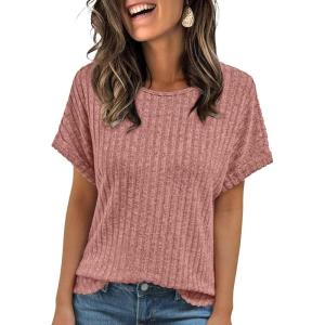 imageAUTOMET Women Textured Shirts Fall Sweaters Loose Fit Short Sleeve Tunic Tops 2025 Dressy Casual Business BlousesCoral
