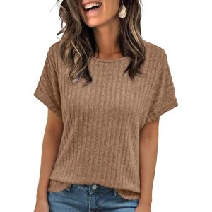 imageAUTOMET Women Textured Shirts Fall Sweaters Loose Fit Short Sleeve Tunic Tops 2025 Dressy Casual Business BlousesKhaki