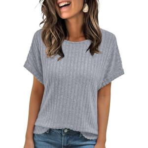 imageAUTOMET Women Textured Shirts Fall Sweaters Loose Fit Short Sleeve Tunic Tops 2025 Dressy Casual Business BlousesLightgrey
