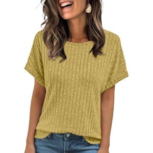 imageAUTOMET Women Textured Shirts Fall Sweaters Loose Fit Short Sleeve Tunic Tops 2025 Dressy Casual Business BlousesYellow