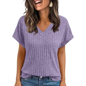 imageAUTOMET Women Tops Summer Sweaters Short Sleeve V Neck Shirts 2025 Spring Fashion Dressy Casual Business Tunic BlousesPurple