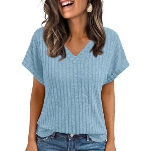 imageAUTOMET Women Tops Summer Sweaters Short Sleeve V Neck Shirts 2025 Spring Fashion Dressy Casual Business Tunic BlousesSkyblue