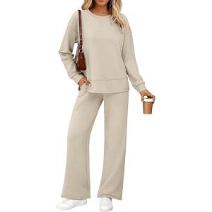 imageAUTOMET Womens 2 Piece Sweatsuits Outfit Lounge Sets Side Slit Sweatshirt Wide Leg Tracksuit Travel Loungewear with PocketsApricot