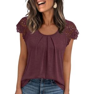imageAUTOMET Womens Lace Tops Pleated Short Sleeve Shirts Summer Business Casual Dressy BlousesWine