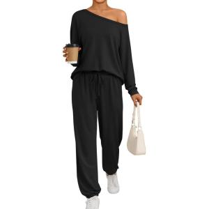 imageAUTOMET Womens Lounge Sets 2 Piece Matching Pajamas Travel Airport Fall Outfits Cute Pjs Off Shoulder Tops LoungewearBlack