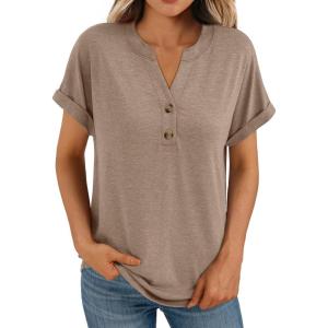 imageAUTOMET Womens Short Sleeve Shirts Henley Dressy Casual Summer Tops 2025 Trendy Blouses Cute TShirts Outfits ClothesKhaki