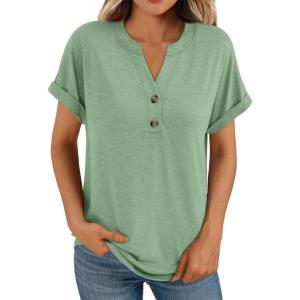 imageAUTOMET Womens Short Sleeve Shirts Henley Dressy Casual Summer Tops 2025 Trendy Blouses Cute TShirts Outfits ClothesLight Green