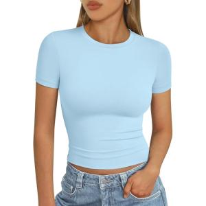 imageAUTOMET Womens Short Sleeve T Shirts Basic Summer 2025 Workout Tops Crew Neck Gym Crop Tops Trendy Y2K ClothesBaby Blue