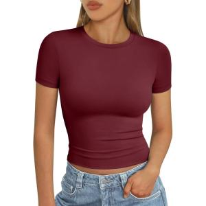 imageAUTOMET Womens Short Sleeve T Shirts Basic Summer 2025 Workout Tops Crew Neck Gym Crop Tops Trendy Y2K ClothesBurgundy