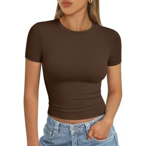 imageAUTOMET Womens Short Sleeve T Shirts Basic Summer 2025 Workout Tops Crew Neck Gym Crop Tops Trendy Y2K ClothesChocolate
